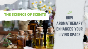 Includes the title of the post for Aromatherapy | Science of Scents and How Aromatherapy Enhances Your Living Space. Also includes images of oils and raw ingredients that set the tone of the blog post