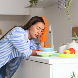 frantically scrubbing a messy house